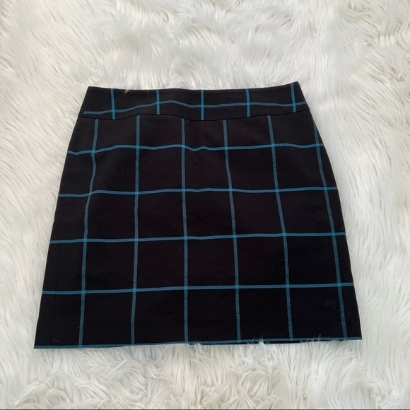Loft A-Line Shift Skirt Black Teal Window Pane Plaid - Picture 2 of 9